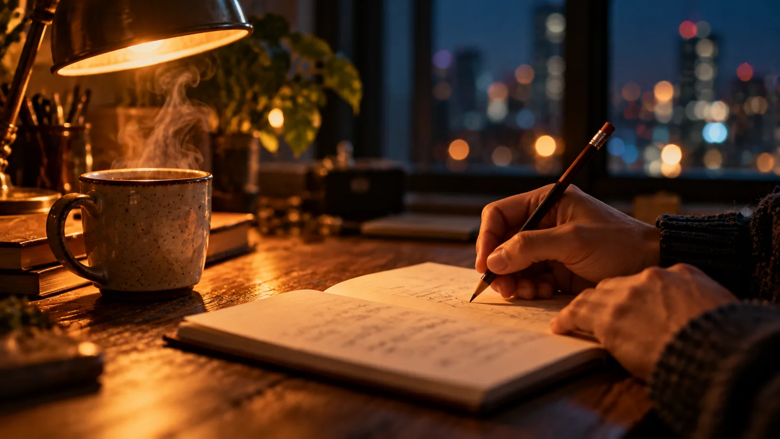 夜の机で、ノートに鉛筆で何かを書いている手元