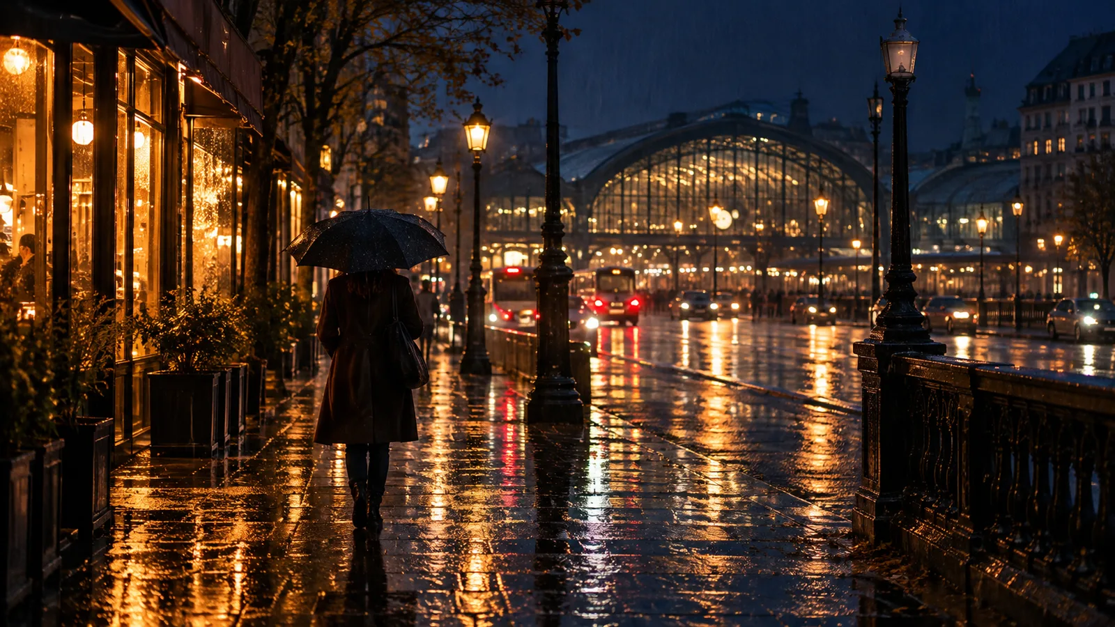 雨の夜、傘をさして駅へ向かう人の後ろ姿